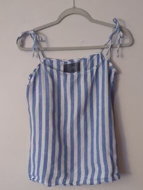 Reformation Blue & White Striped Tie-Shoulder Linen Tank Top